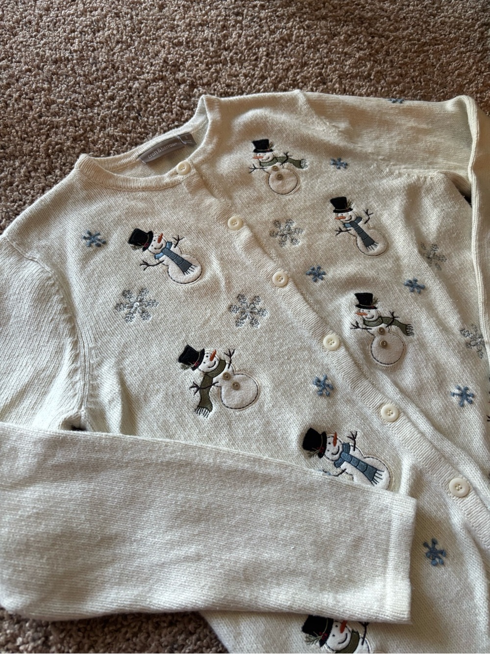 Croft & Barrow Ivory Snowman Embroidered Button-Up Cardigan
